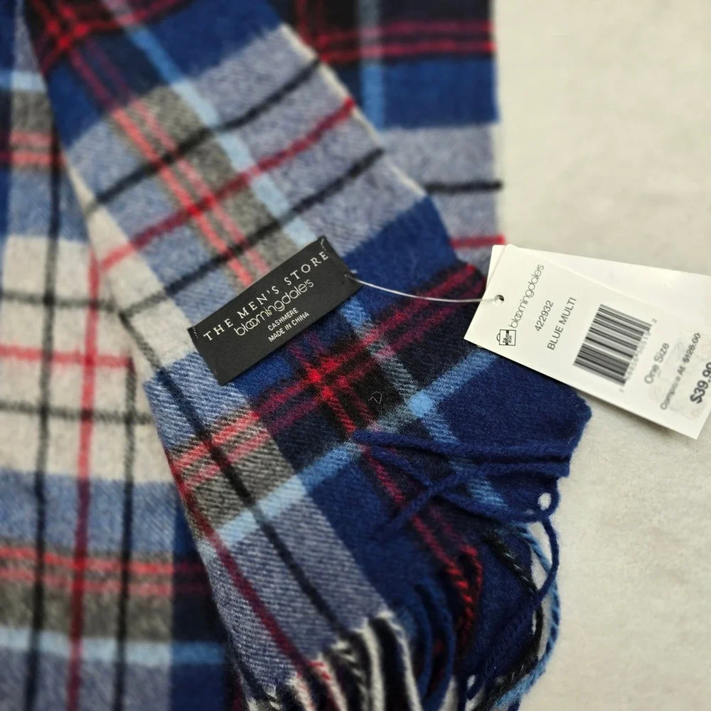 Bl@@mingdales The Mens Store Cashmere Scarf Mens OS Blue Fringe Tartan Plaid NEW